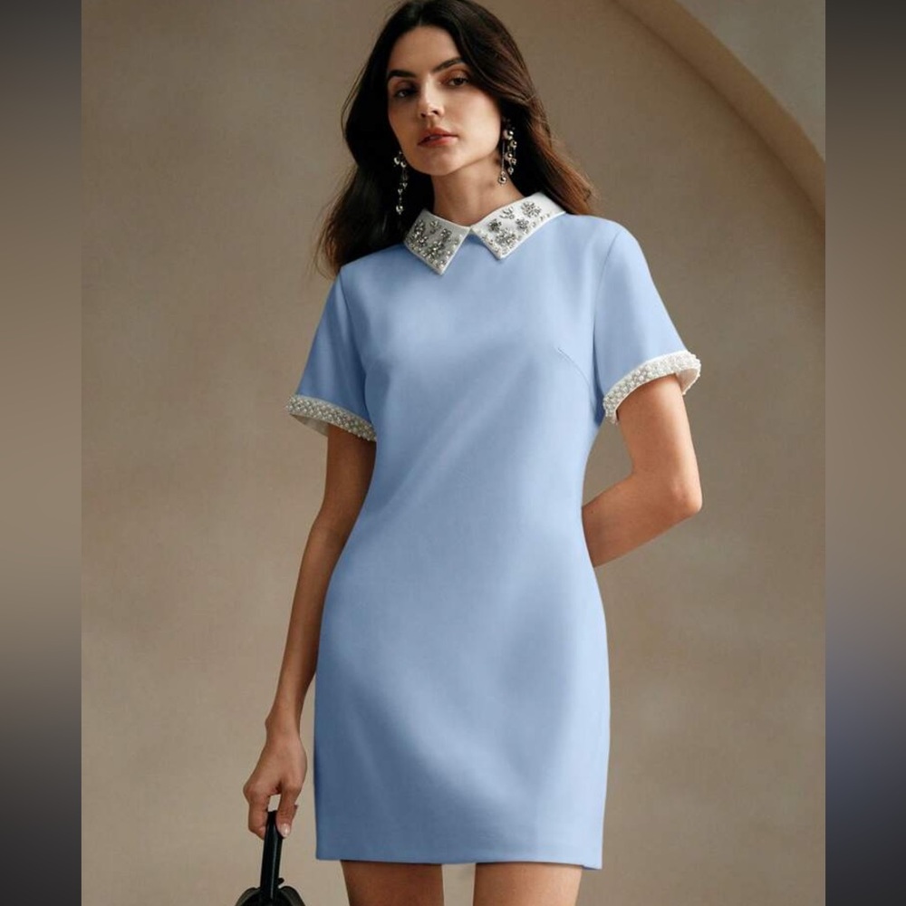 Embellished Collar Light Blue Mini Dress